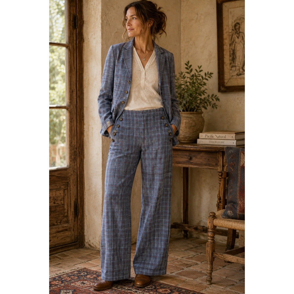 Sundance Plaid Linen Blend Blazer Button Wide Leg Trouser Suit Set L / 8